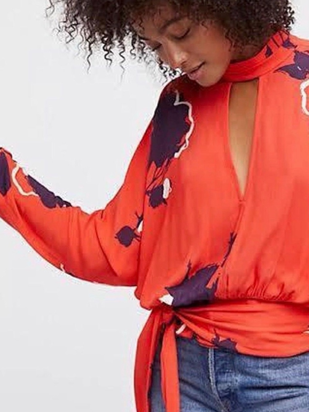 Free People Coral-Red Floral Tie-Waist Blouse with Keyhole Neck